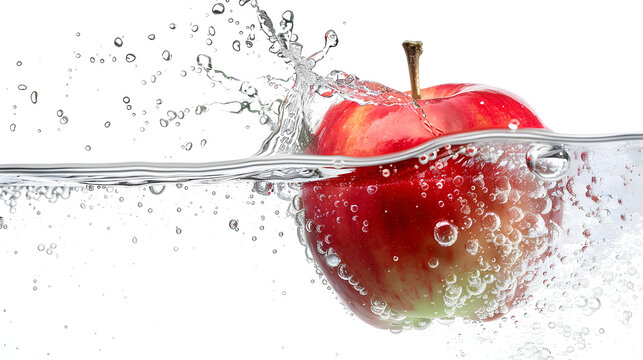 Bright red apple splashing into clear water creating dynamic splash and bubbles against white background