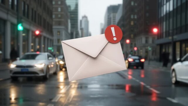 Urgent email alert notification floating over city street, never miss important business communication, stay connected with this dynamic attention grabber