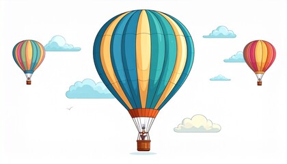 Obraz premium A vector drawing of a hot air balloon flying with clouds flat colorful style isolated on white background 