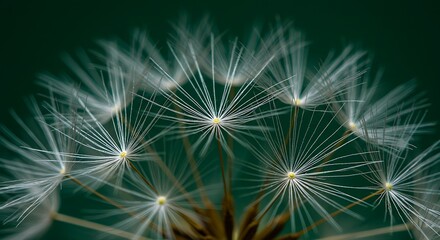 Macro dandelion seed head against green background conceptual nature image