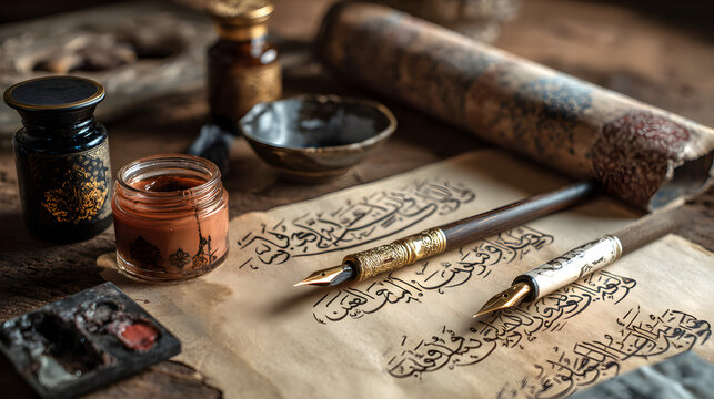 Vintage calligraphy set with ink pots, quills, and ancient script on parchment