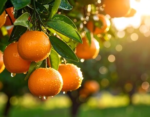 Fresh oranges on a tree in sunlight