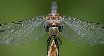 Macro view of dragonfly with transparent wings and green background
