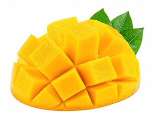 Ripe Mango Cut into Cubes with Green Leaves