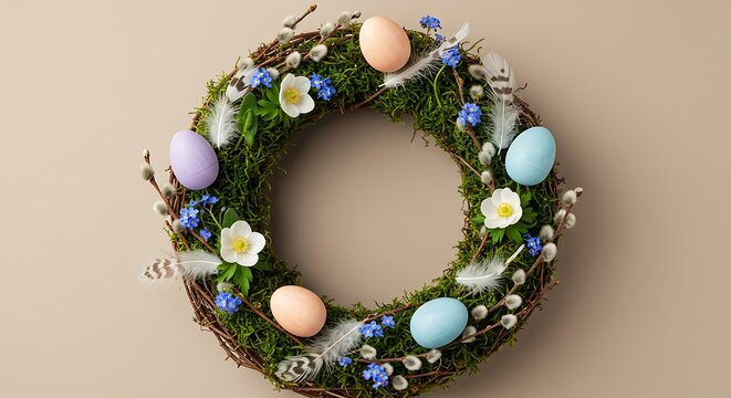 Natural Easter wreath made of moss willow branches feathers and colorful eggs on beige background