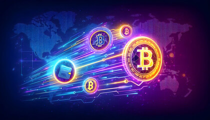 Global cryptocurrency transactions with a glowing Bitcoin coin and digital wallet overlaying a connected world map.