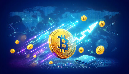 Global cryptocurrency transactions with a glowing Bitcoin coin and digital wallet overlaying a connected world map.