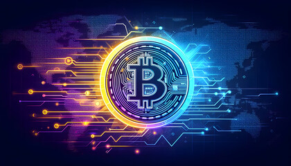 Global cryptocurrency transactions with a glowing Bitcoin coin and digital wallet overlaying a connected world map.