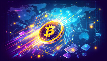 Global cryptocurrency transactions with a glowing Bitcoin coin and digital wallet overlaying a connected world map.