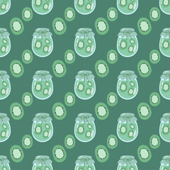 Seamless Pattern of Cute Kiwi Fruit in Glass Jars with Green Background