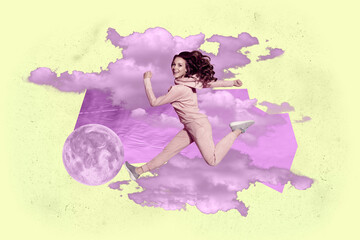 Zine 3d poster art collage of happy girl guy stand space galaxy moon planet cosmos discovery outer-space painting astronomy