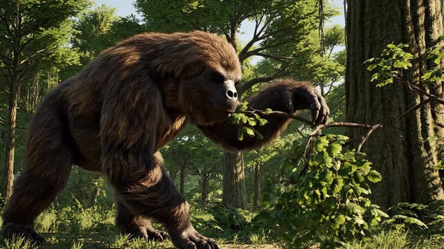 Gigantopithecus ape foraging fresh green leaves from a large tree branch in a lush prehistoric forest setting, illustrating ancient life and natural habitat