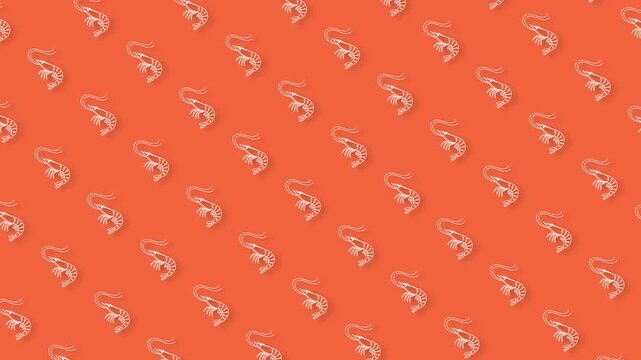 Prawn pattern loop animation : Seamless seafood-themed motion background with prawns on orange backdrop