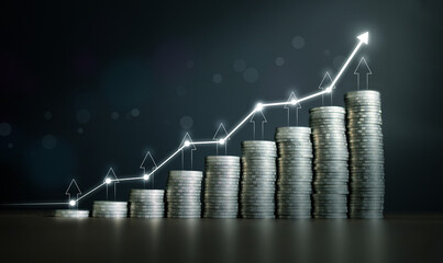 Stacks of coins with glowing rising arrow line, symbolizing financial growth, investment, profit, and economic success. Perfect for banking, finance, savings, and wealth management concepts.