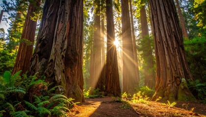 Sunlight streams through towering trees in a dense forest, casting shadows on a dirt path. Lush green undergrowth frames the scene