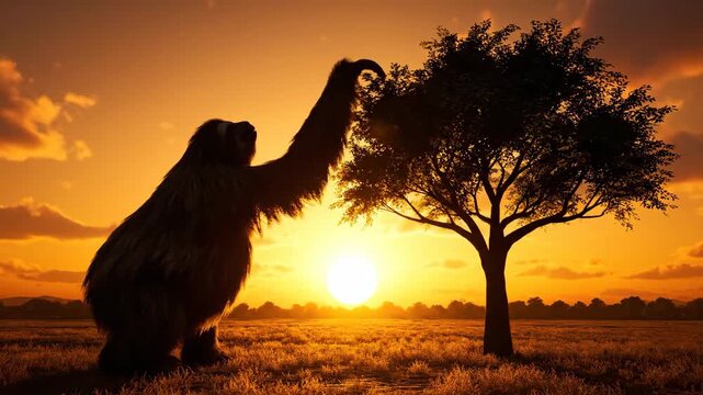 Giant ground sloth, a prehistoric mammal, standing in silhouette on grassy plains, watching the sun setting behind a tree, creating a dramatic orange sky over the ancient nature