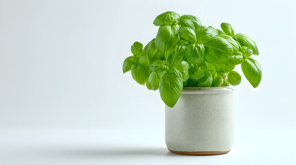 Naklejka premium Fresh green basil plant in a textured ceramic pot against a clean white background