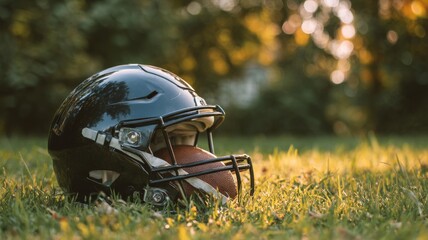 Black american football helmet resting on a football on a green grassy field, representing team sports, athletic gear, and the spirit of football competition