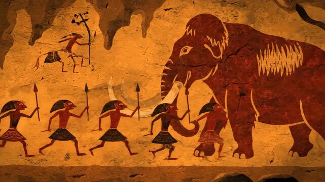 Prehistoric cave painting depicting stylized hunters carrying spears and chasing a large mammoth, illustrating ancient human survival and early artistic expression within a natural cave environment