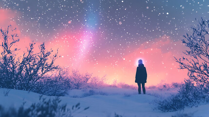 Obraz premium Human-AI silhouette against a glowing aurora borealis in a snow-covered wilderness 