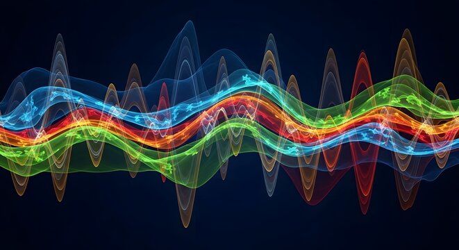 Dynamic visualization of abstract colorful sound waves, vibrant frequencies, and oscillating energy patterns for technological and digital concepts
