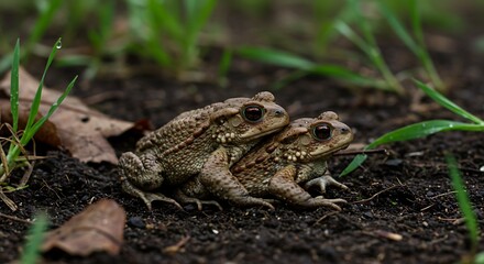 Obraz premium Two toads on dark soil