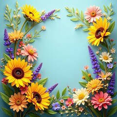 Obraz premium Sunflower and wildflower corner frame on aqua background