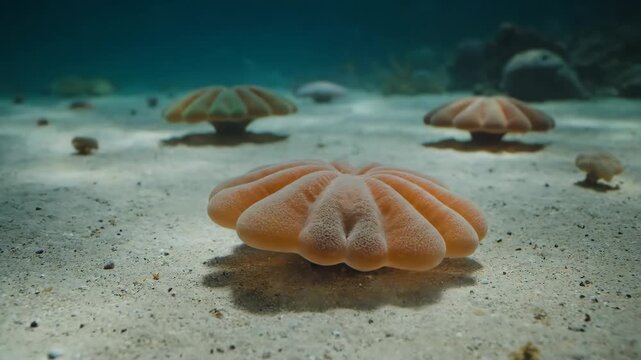 Upside-down jellyfish cassiopea xamachana creating a serene underwater scene while pulsating on the sandy seafloor, showcasing their unique symbiotic relationship with algae