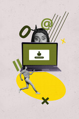 Exclusive artwork banner creative collage of happy girl guy peek laptop password lock private...