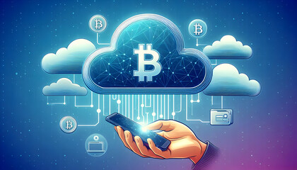 A hand holding a smartphone connected to a Bitcoin cloud storage network, symbolizing mobile cryptocurrency management.