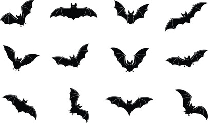 Bat silhouette collection, flying bat vector set, Halloween bat icons, spooky animal shapes, black wings, cad drawing flat vector illustration