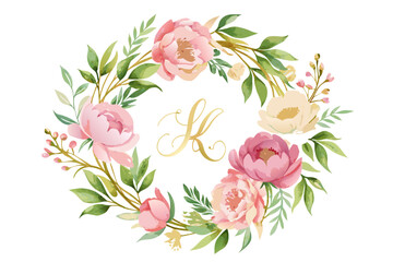Elegant Watercolor Floral Monogram Logos with Botanical Wreaths and Gold Calligraphy