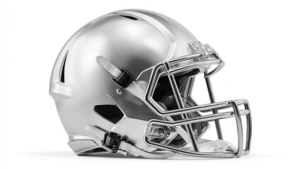 Fototapeta premium Close-up of a modern silver american football helmet on white background for sports design, team branding, fan merchandise, marketing visuals, and athletic safety equipment concepts