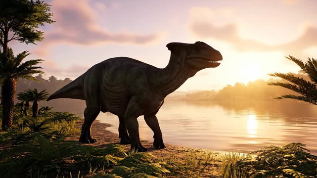 Corythosaurus dinosaur stands on the shore of a prehistoric lake, surrounded by lush jungle foliage and palm trees, enjoying a beautiful golden sunset reflecting on the water