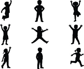 Children silhouette vector, playful poses, dynamic movement icons, cad drawing flat vector illustration, jumping, running, standing, expressive kids, black shapes