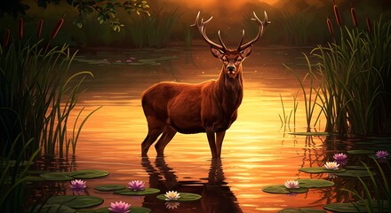 Majestic stag stands in calm water at sunset with lily pads