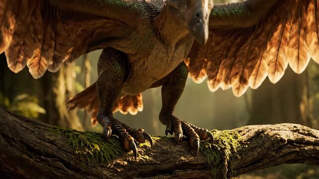 Griffin&rsquo;s powerful talons firmly gripping a moss-covered tree branch, its impressive feathered body and wings visible in the soft backlighting of an enchanted forest