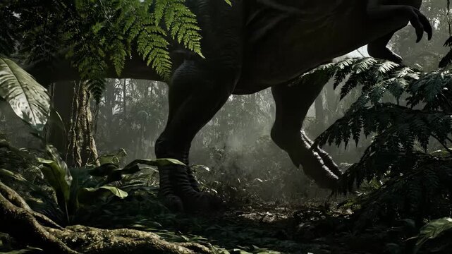 Tyrannosaurus rex walking through a dense prehistoric jungle, its massive legs and clawed feet moving among ferns and tropical plants, evoking a sense of powerful ancient wilderness