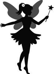 Fairy silhouette vector illustration, magical fantasy icon, whimsical winged creature design, star wand pose, cad drawing flat vector illustration, black art