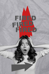 Exclusive pop art vertical collage of shocked businesswoman fired job unemployment arrow pointer jobless manager redundancy