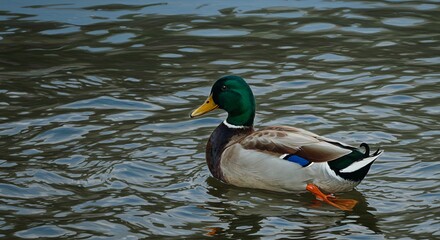 Mallard duck swimming on calm water with vibrant green head and colorful feathers