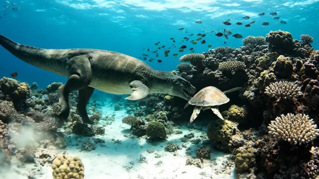 Mosasaur hunting a sea turtle amid vivid coral reef, dramatic prehistoric underwater scene evoking mesozoic marine life, danger, and ancient oceanic ecosystem exploration