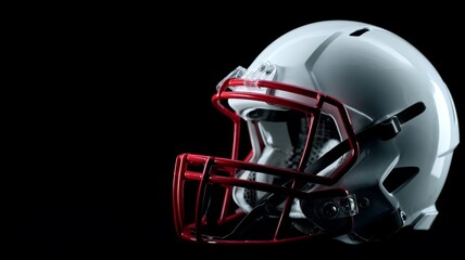 Fototapeta premium Close-up of white american football helmet with red face mask on black background, sports equipment, athletic safety gear, team branding concept