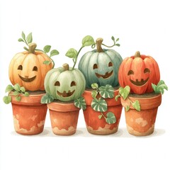Charming Row of Whimsical Potted Plants with Pumpkin Faces Ideal for Autumn Decor, Halloween theme