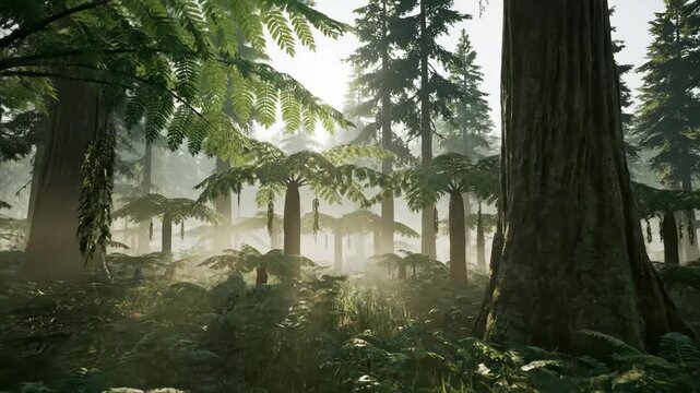 Dense prehistoric forest featuring ancient cyathea ferns and towering cypress trees, with morning sunlight filtering through the misty canopy, creating an atmospheric and primeval landscape