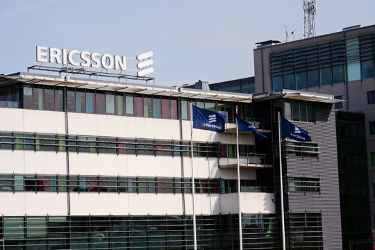 Ericsson multinational networking and telecommunications company logo on headquarters on May 13, 2025 in Gothenburg, Sweden.