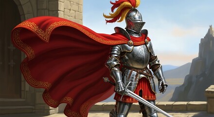 Valiant knight in shining plate armor with a flowing red cape and sword.