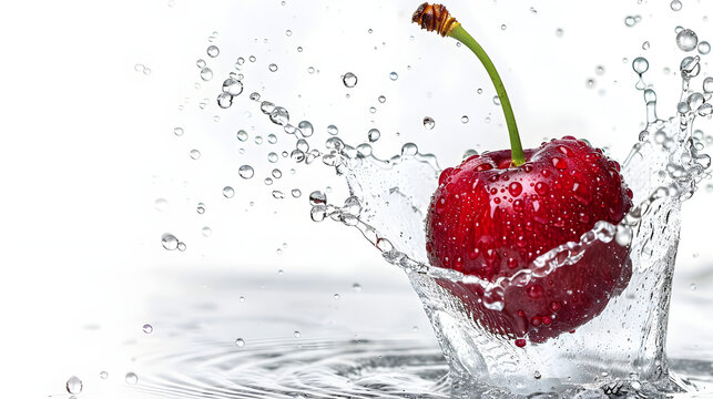 Single ripe cherry splashing into clear water with many water droplets in motion