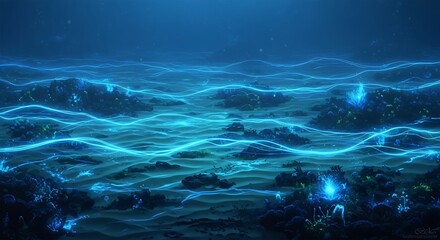 Abstract underwater landscape with glowing lines and particles creating a mesmerizing and futuristic scene of the ocean floor with light effects