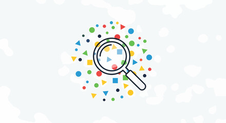 Obraz premium Magnifying glass over colorful geometric shapes, representing search and discovery of data and information
